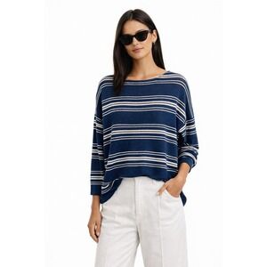 360Sweater‎ 100% Linen Knit Navy White Striped Crew Neck Italian Yarn Sweater S